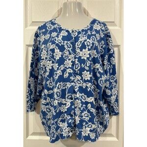 Bay Studio Blue Floral Cotton Knit Plus Size 1X Women's Cardigan Sweater